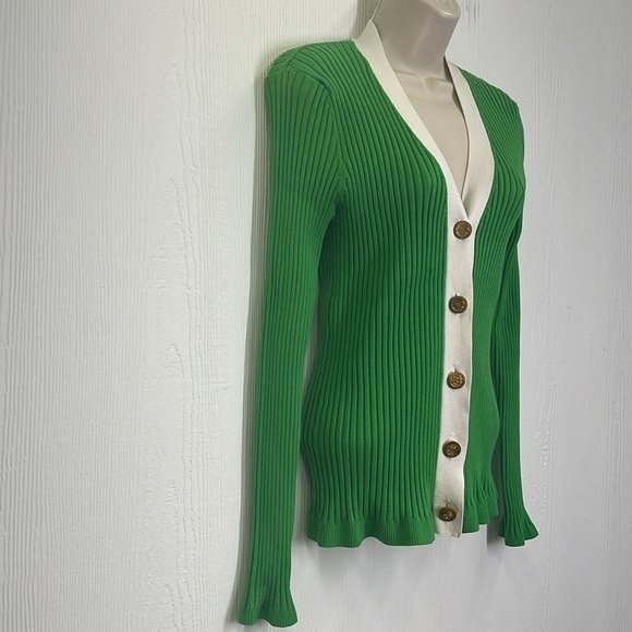 Boston Proper - Ribbed Bright Green White Trim Gold Button Cardigan Size Medium - Picture 3 of 10